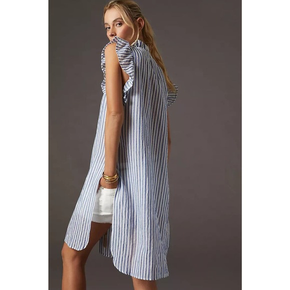 NWT Maeve Anthropologie Sleeveless Long Tunic Ruffle Button Striped Blue Small - Picture 8 of 16